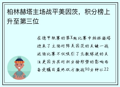 柏林赫塔主场战平美因茨，积分榜上升至第三位