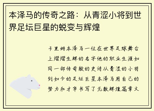 本泽马的传奇之路：从青涩小将到世界足坛巨星的蜕变与辉煌