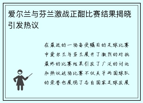 爱尔兰与芬兰激战正酣比赛结果揭晓引发热议