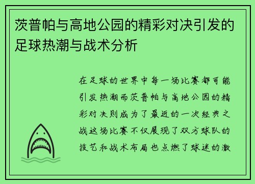 茨普帕与高地公园的精彩对决引发的足球热潮与战术分析