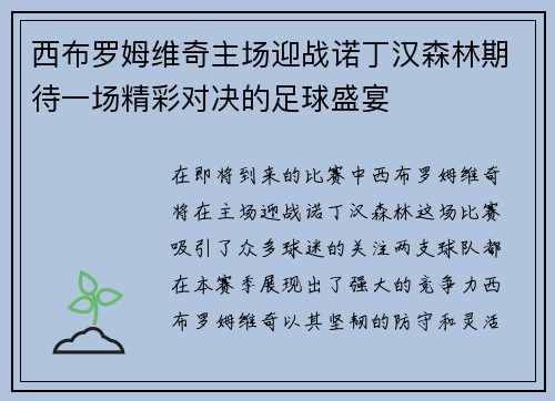 西布罗姆维奇主场迎战诺丁汉森林期待一场精彩对决的足球盛宴