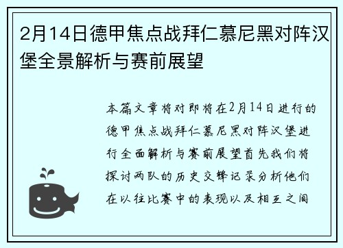 2月14日德甲焦点战拜仁慕尼黑对阵汉堡全景解析与赛前展望