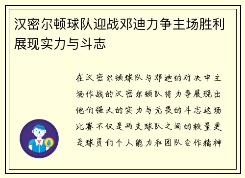 汉密尔顿球队迎战邓迪力争主场胜利展现实力与斗志